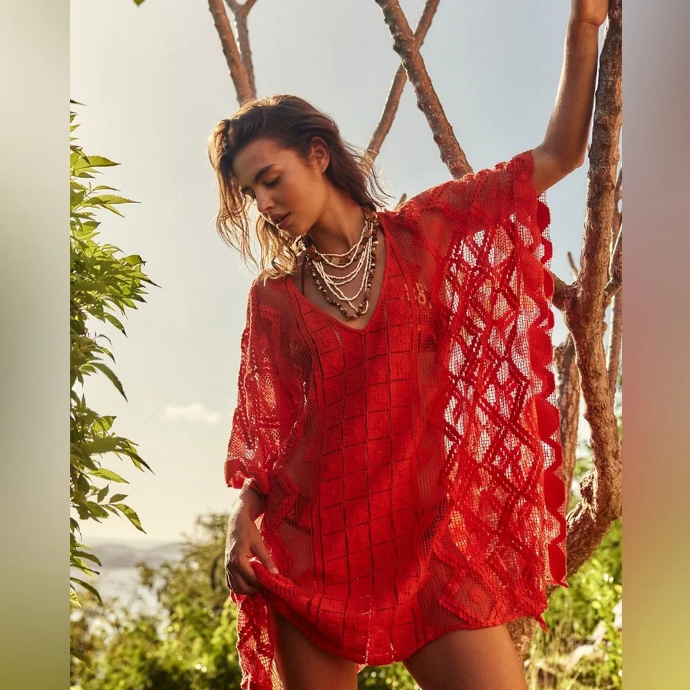 Free People Sunshine Crochet Kaftan in Black NWT